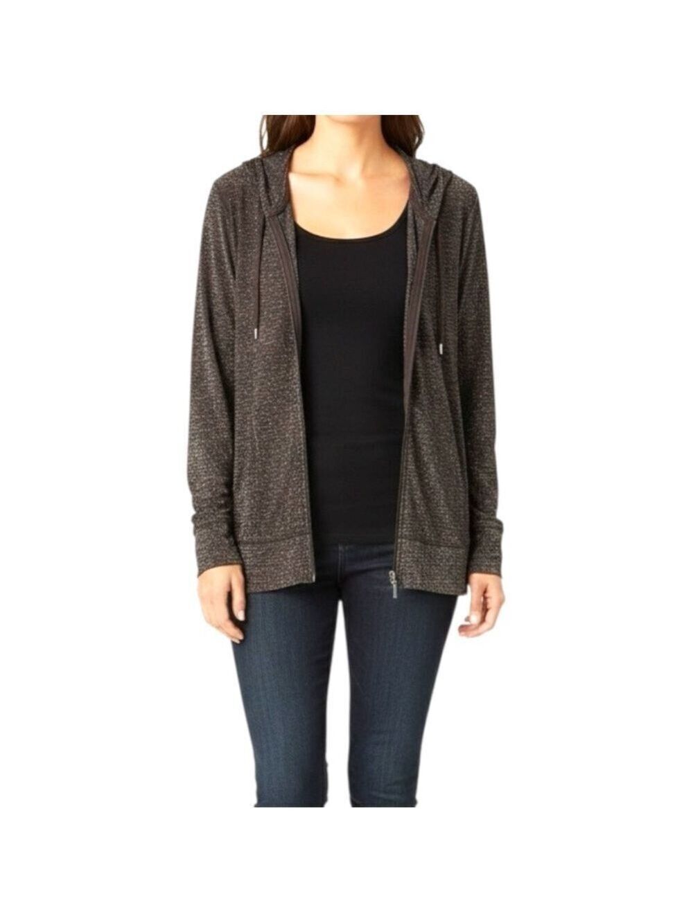 CHICO’S Travellers Brown Metallic Lurex Thread Full Zip Hoodie Long Sleeve Sz L
